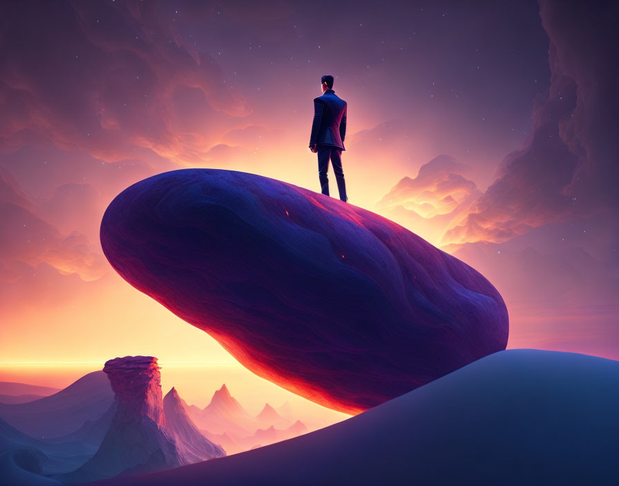 Person standing on oversized floating rock under purple and orange sky