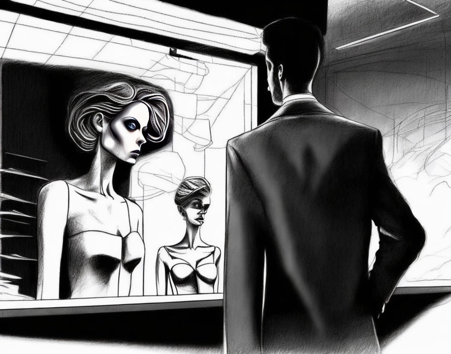 Man in suit gazes at female mannequin through store window in sketch