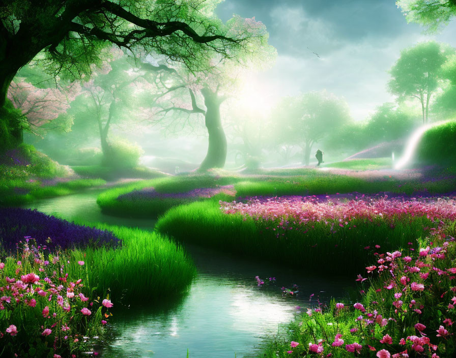 Tranquil Landscape with Trees, Flowers, River, and Person