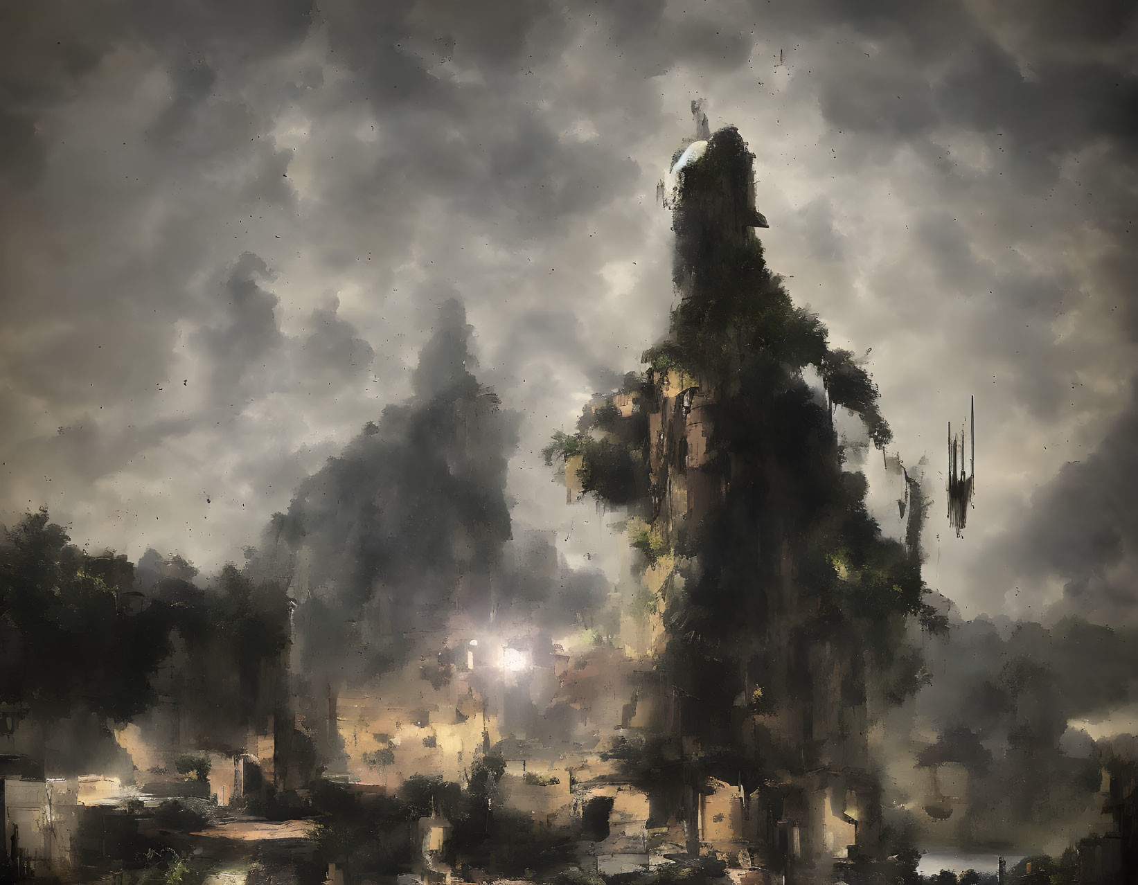 Apocalyptic landscape with overgrown ruins and dark clouds