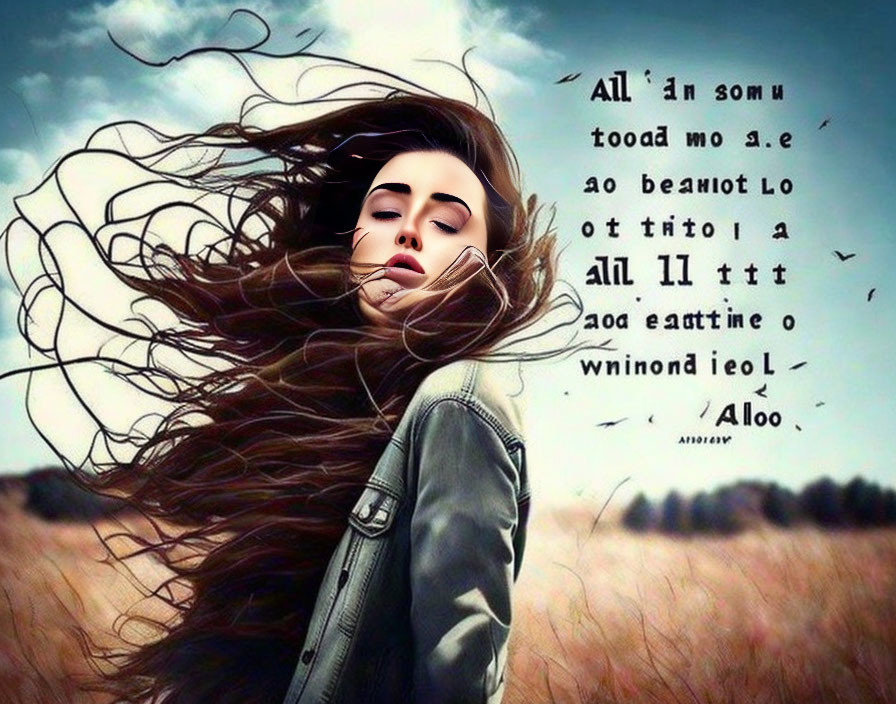 Woman with flowing hair in open field under dramatic sky with mirrored text overlay.