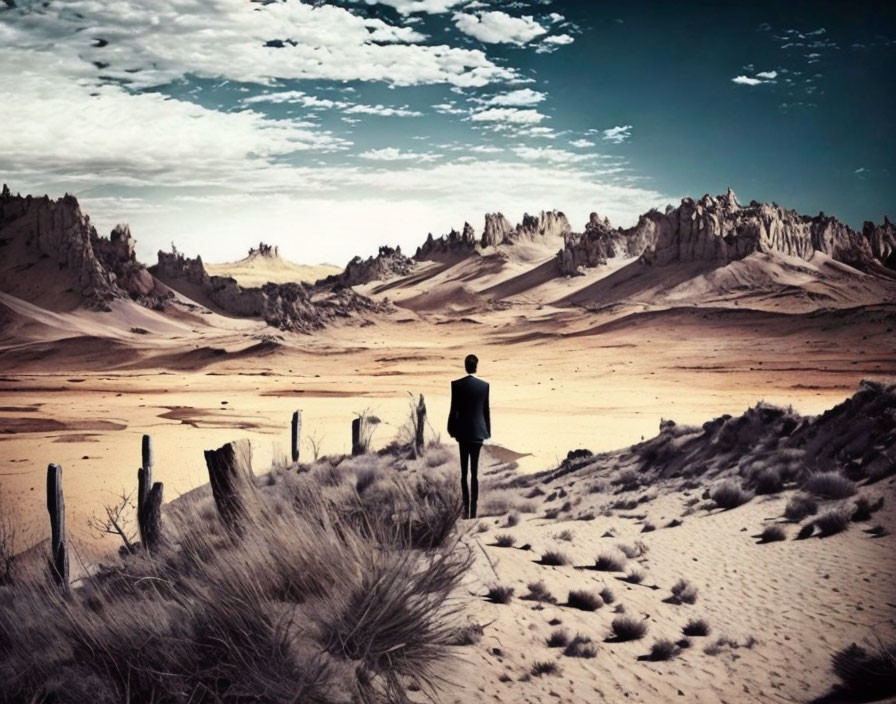 Business Attire Figure Contemplating Desert Landscape