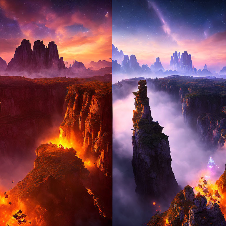 Fantastical split view: fiery cliffs vs. ethereal towers with starry skies