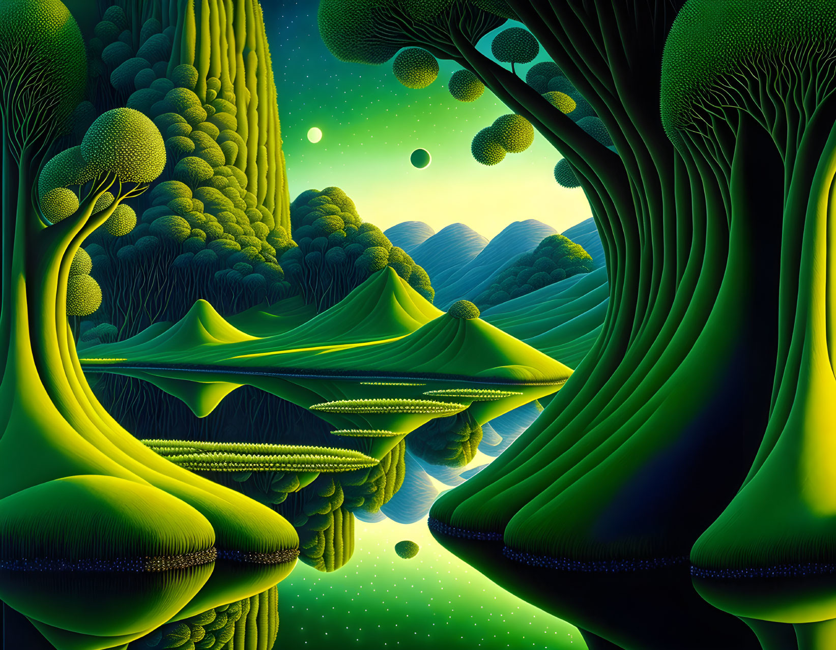 Surrealist landscape with green trees, hills, and floating spheres