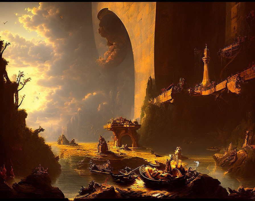 Majestic fantasy landscape with towering cliffs, serene river, boats, rock structures, dramatic sky