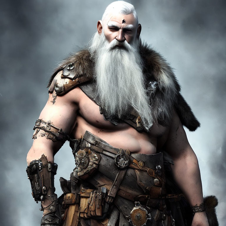 White-haired muscular fantasy character in medieval attire with elaborate arm bracers against smoky backdrop.