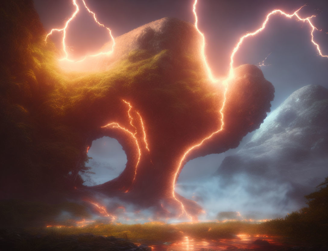 Giant glowing lava tree in mystical lightning scene