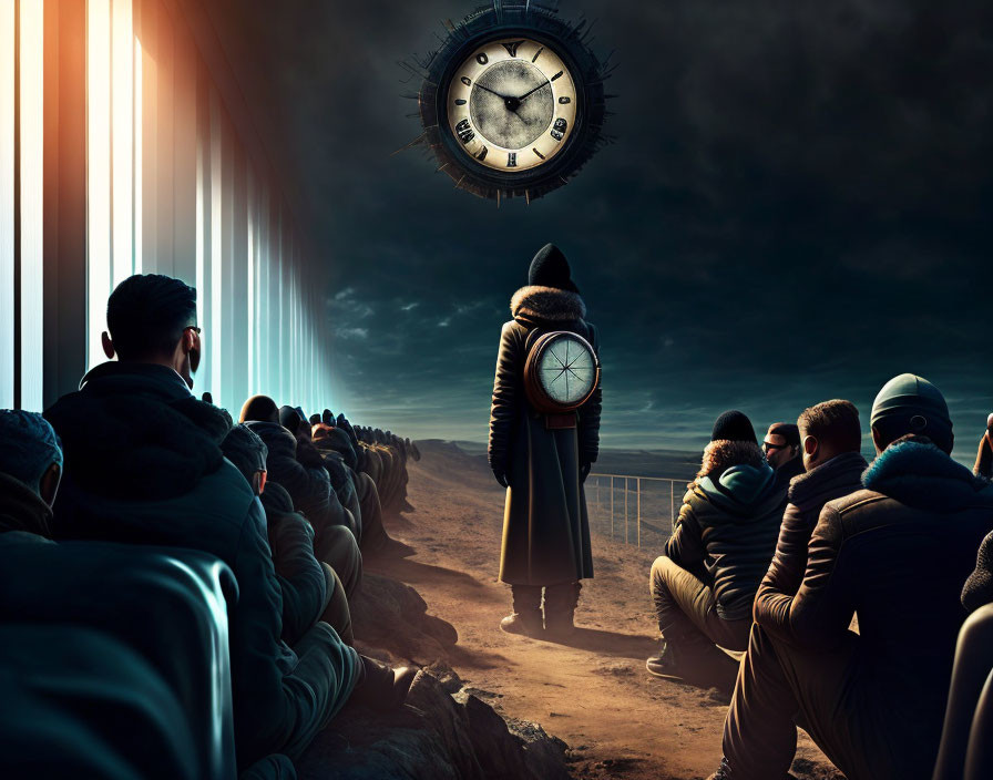 People sitting under massive clock in surreal twilight sky with vertical light beams