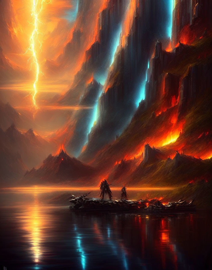 Fantasy landscape with towering cliffs, fiery sky, molten lava, and silhouetted figures