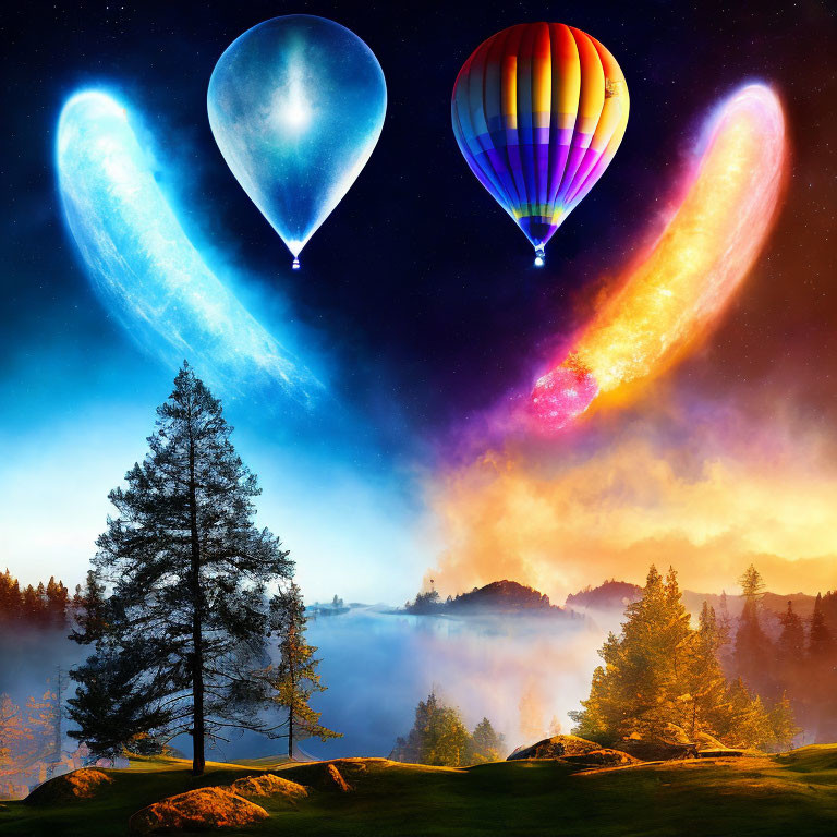 Surreal landscape with glowing hot air balloons in starry sky