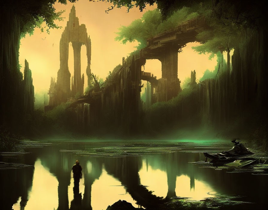 Mystical forest ruins with reflective lake and silhouette.