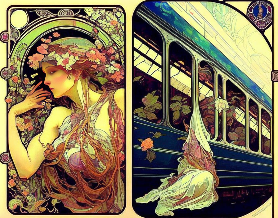 Split-panel artwork: Maiden with florals on left, vintage train with florals on right