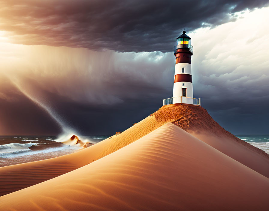 Lighthouse on sand dune under stormy sky