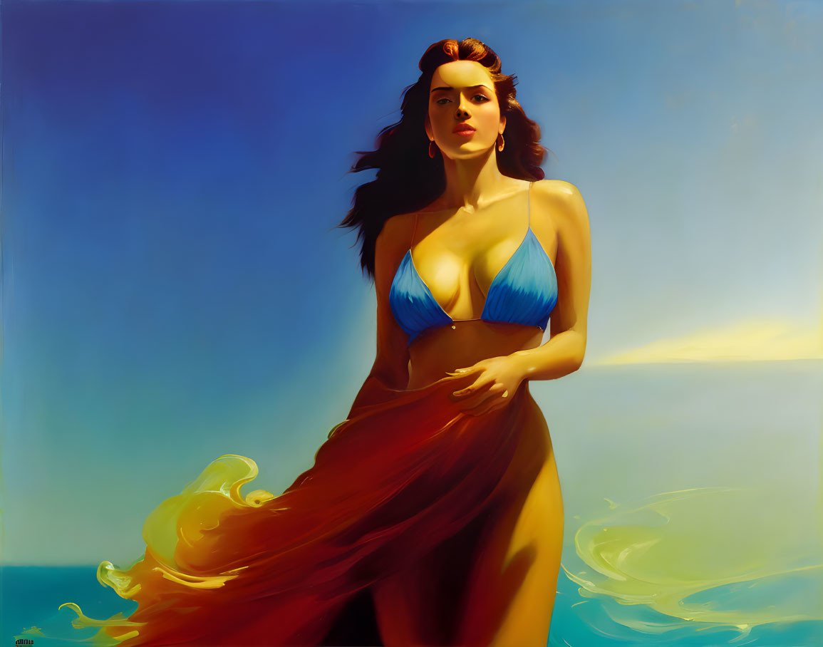 Woman in Blue Bikini with Flowing Red Hair and Sheer Skirt against Blue Sky