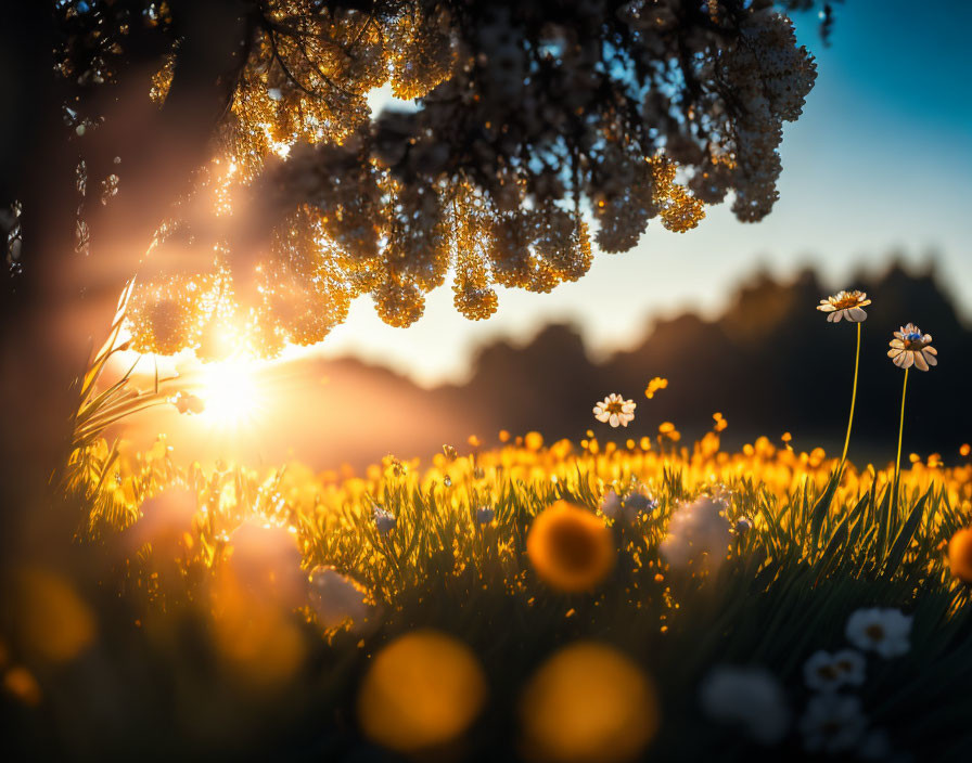 Scenic sunset with blooming tree and golden wildflowers