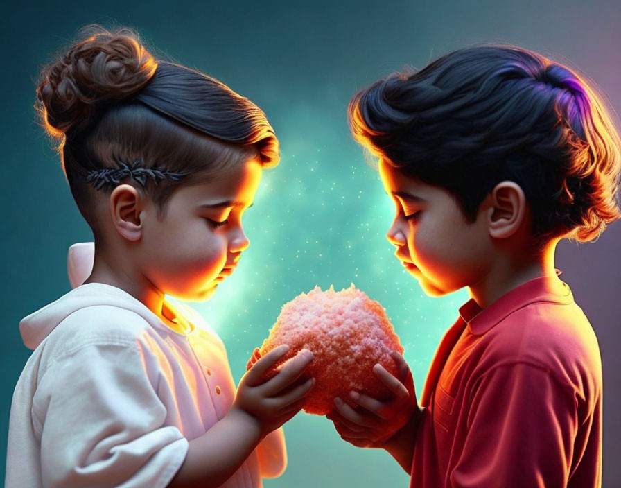 Children holding glowing orb with mesmerizing backdrop