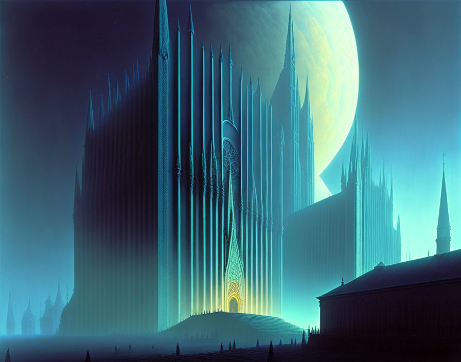 Futuristic cathedral with tall spires in moonlit misty landscape