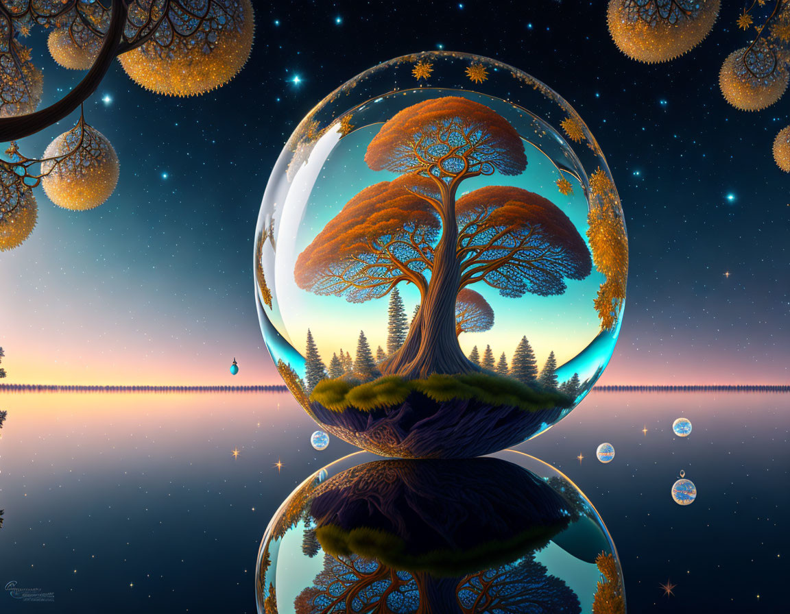 Digital art of tree in transparent sphere under starry sky