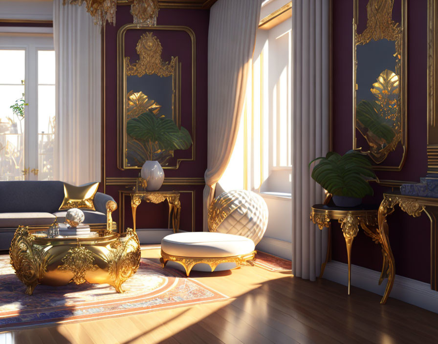 Luxurious Room with Golden Tables, Plush Sofa, Sunlit Decor, and Houseplants
