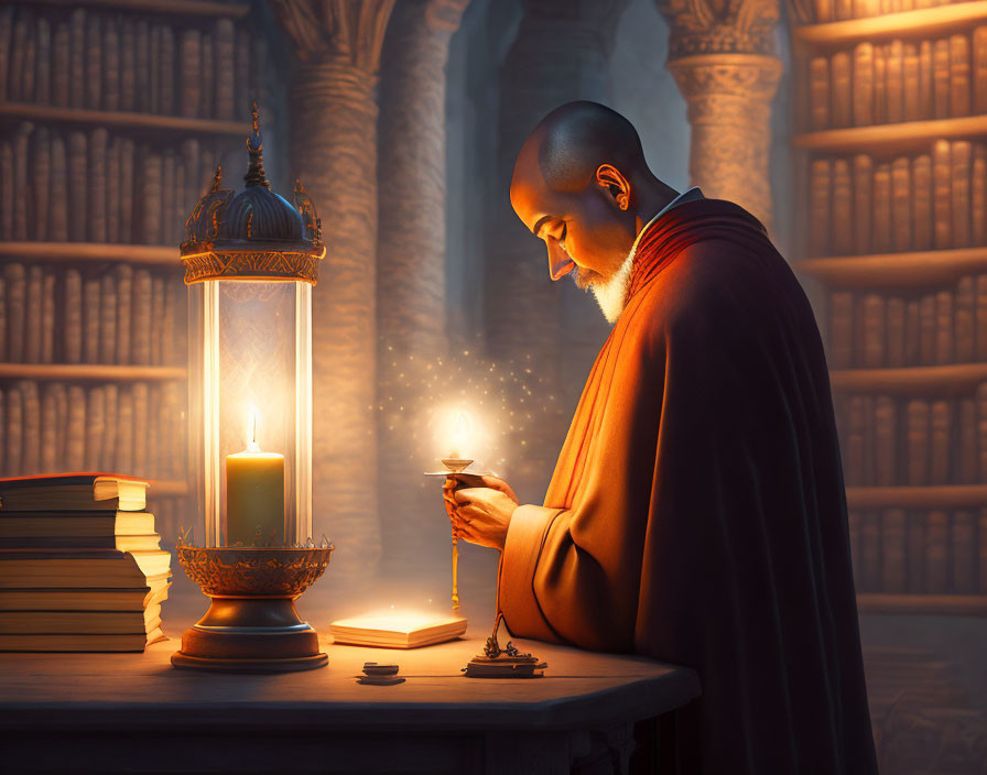 Bald figure studying magical light in candlelit library