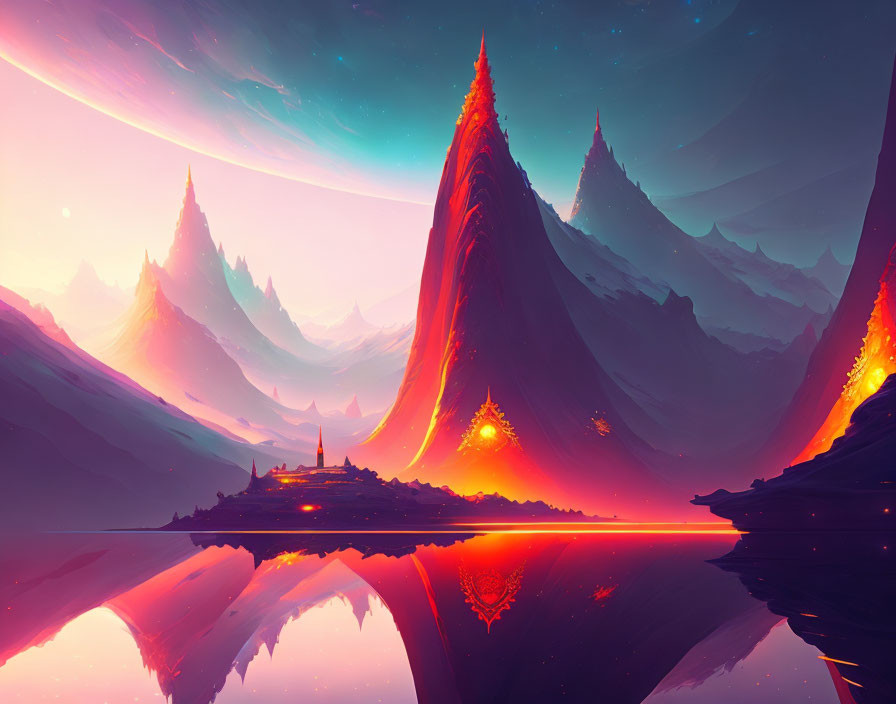 Vibrant digital art landscape with pink mountains, glowing lava, and swirling purple sky.
