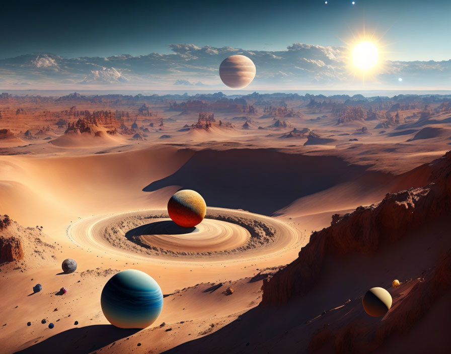 Surreal desert landscape with multiple planets and moons.