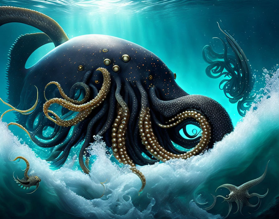 Enormous cosmic octopus submerged in underwater scene