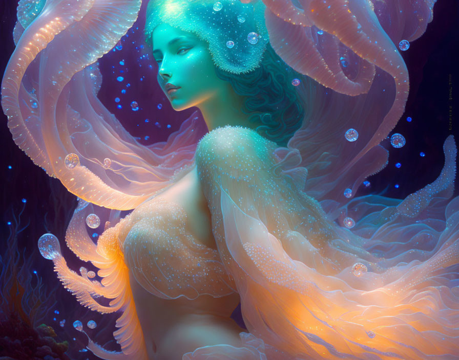 Ethereal mermaid with glowing tentacles and jellyfish underwater