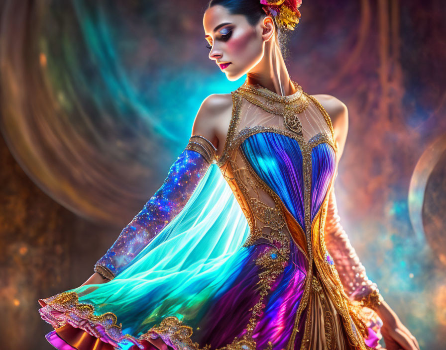 Cosmic-themed dress with celestial palette and gold detailing pose.