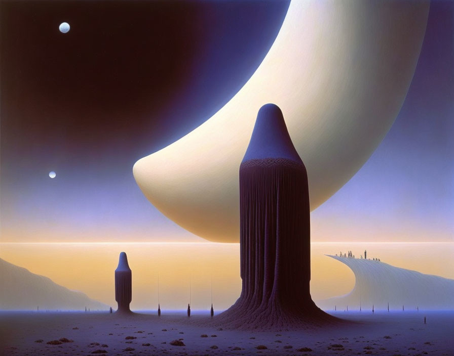 Surreal landscape with towering monoliths under a ringed planet and moon