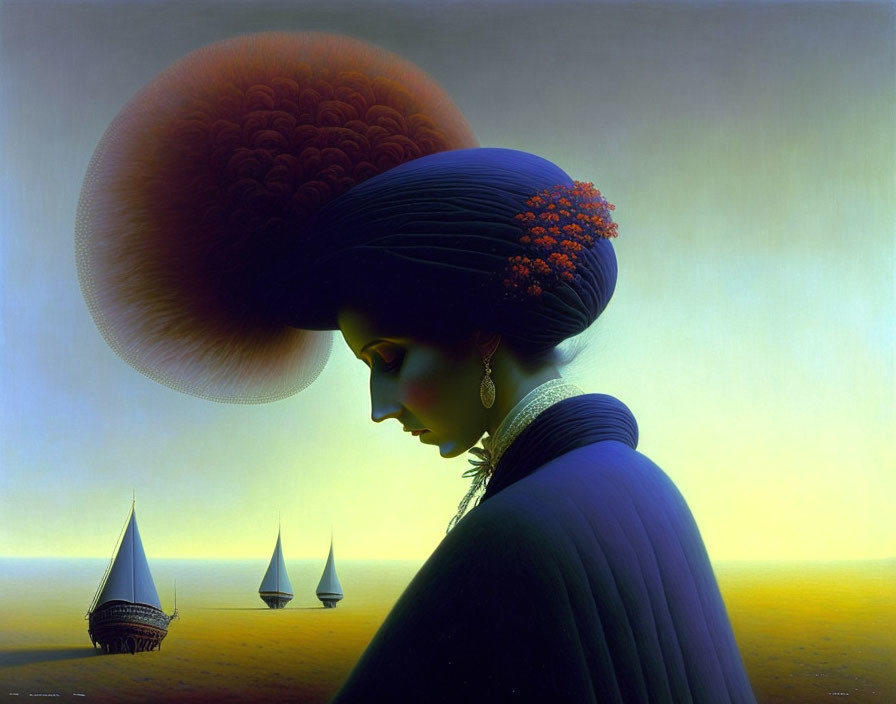 Surreal painting of woman with cloud headdress and seascape
