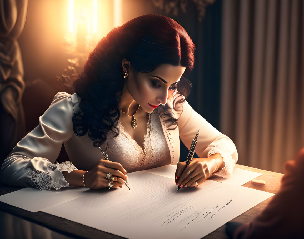 Illustration of a woman with red hair writing a letter by candlelight