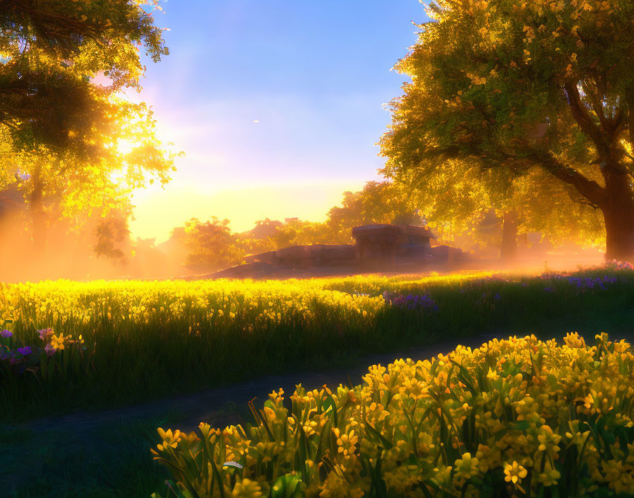 Tranquil meadow with blooming yellow flowers at sunrise