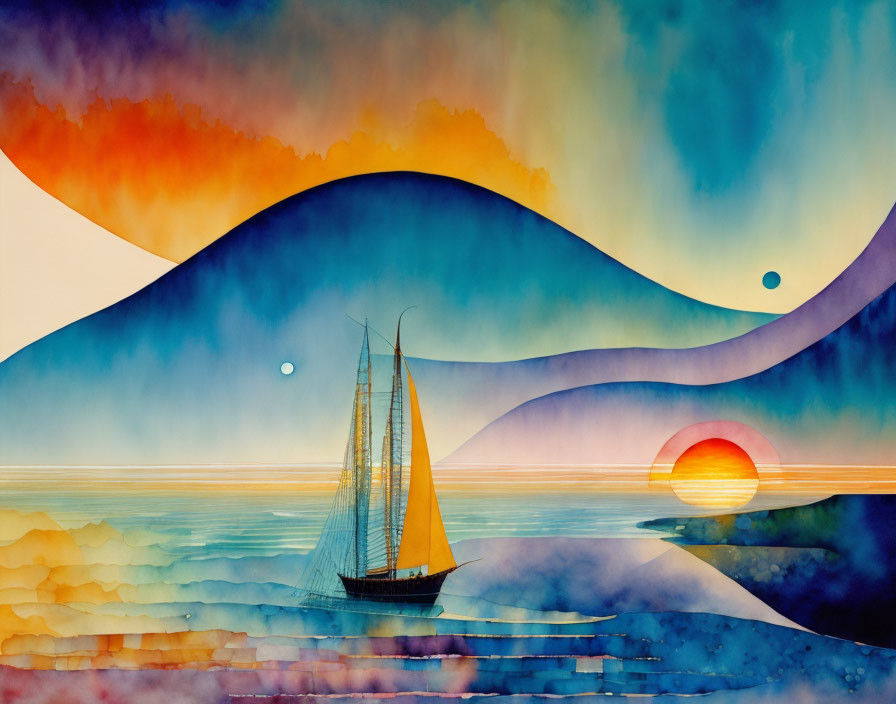 Sailboat Watercolor Painting: Sunset, Hills & Celestial Sky