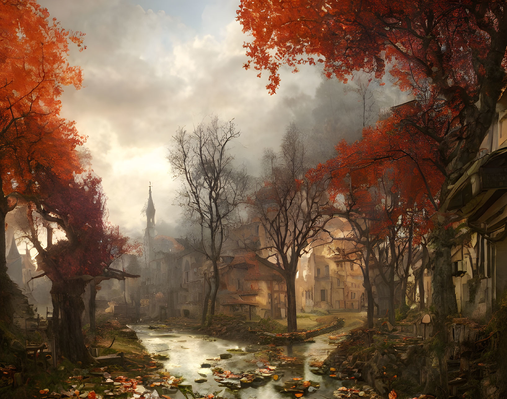 Tranquil autumn village with river and red trees