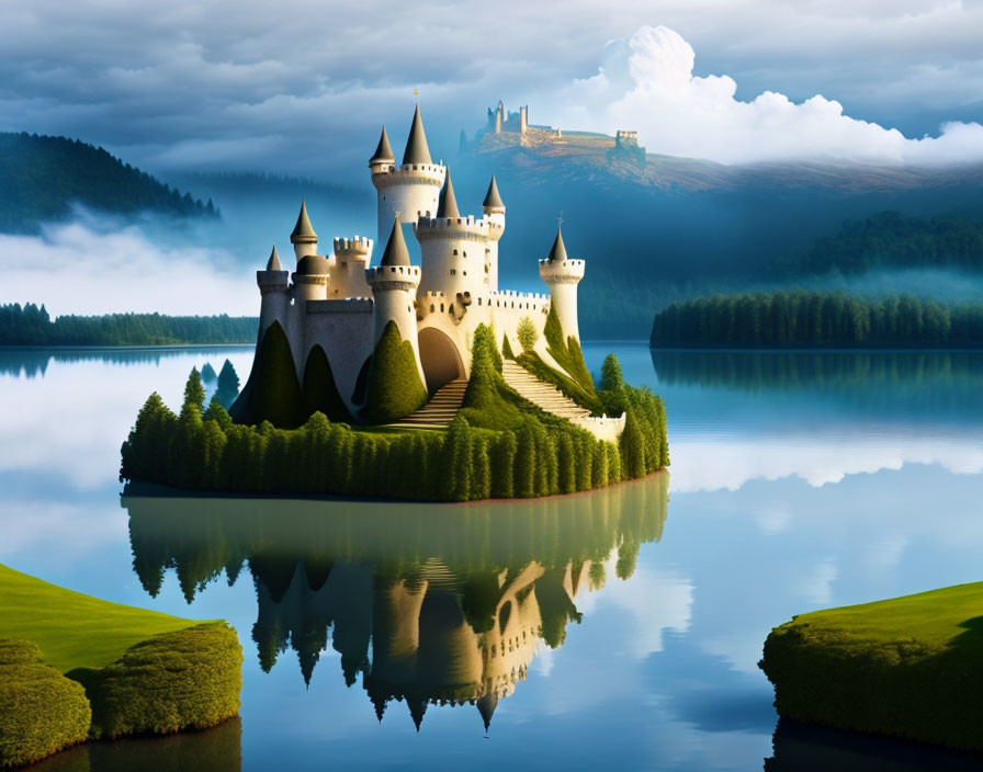 Castle with multiple spires on island surrounded by lake, forests, and misty mountains