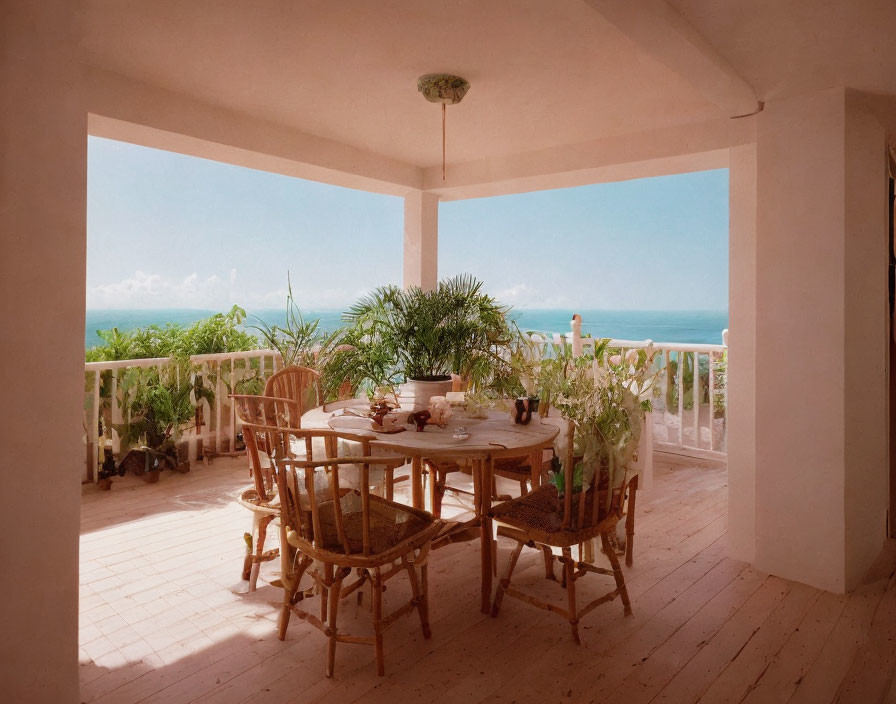 Tranquil balcony dining overlooking blue sea