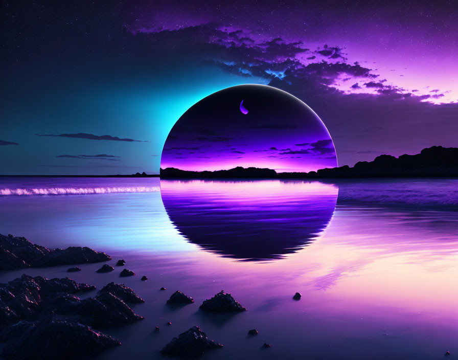 Vibrant surreal landscape with large purple planet and tranquil sea