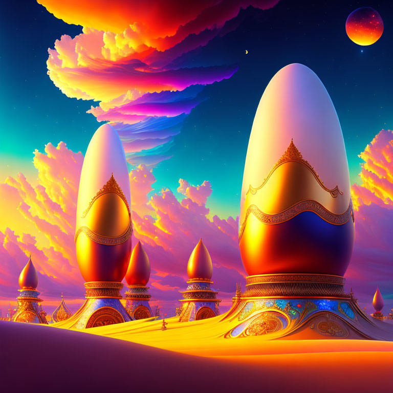 Fantastical landscape with giant ornate eggs under vibrant sunset sky