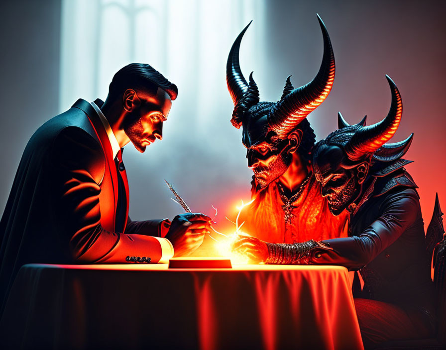 Man in suit negotiates with two demonic figures under red lighting