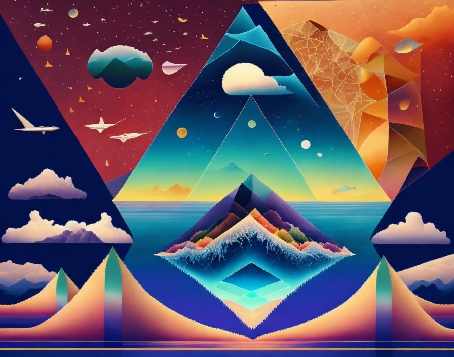 Colorful Surreal Landscape with Geometric Shapes and Celestial Bodies