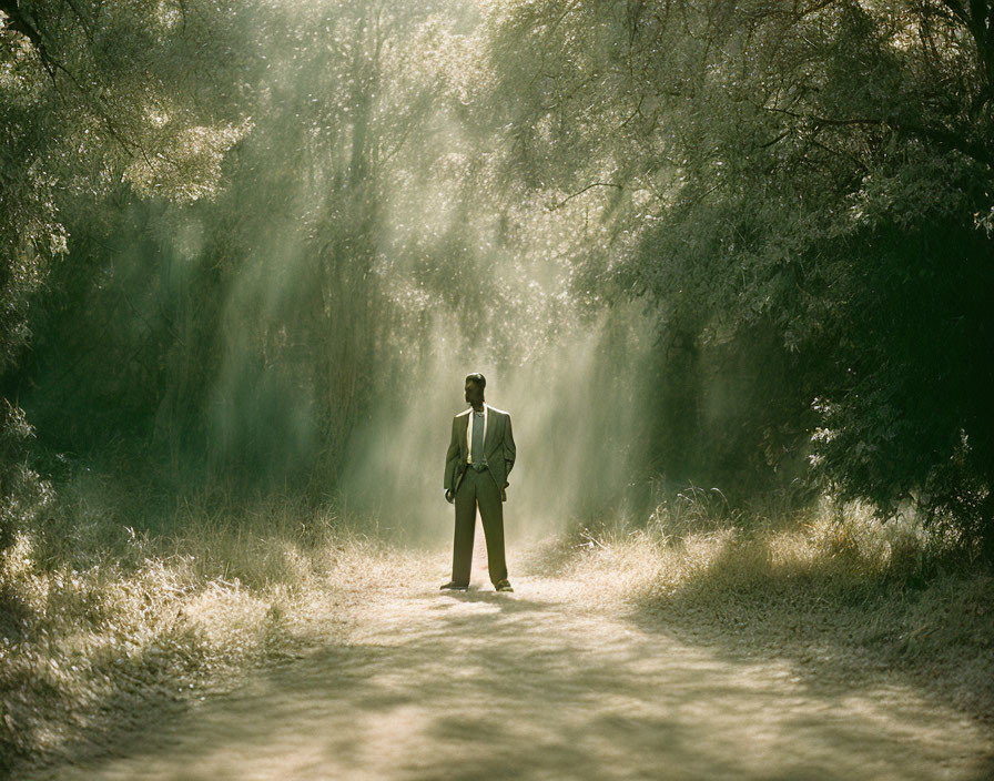 Person in suit on forest path with sunbeams: Mystical Atmosphere