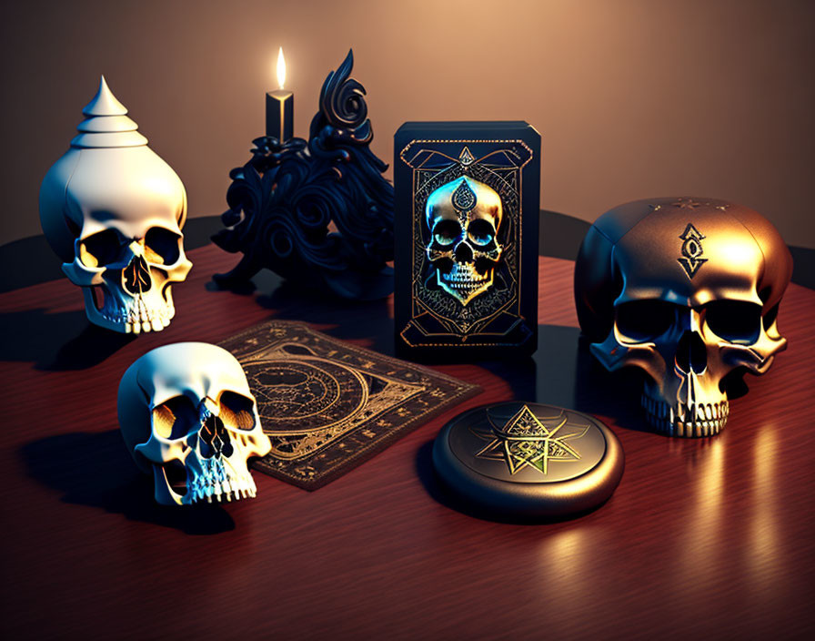 Dark-themed still life with skulls, candle, book, and pentagram.