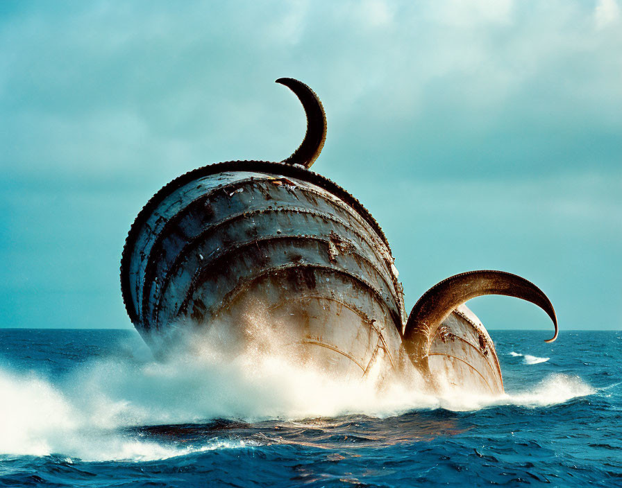 Rusted shipwreck resembling a whale's tail above ocean waves