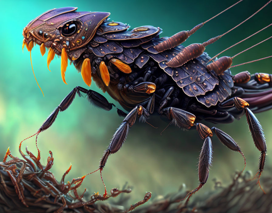 Fantastical insect-like creature with hard exoskeleton and glowing orange accents