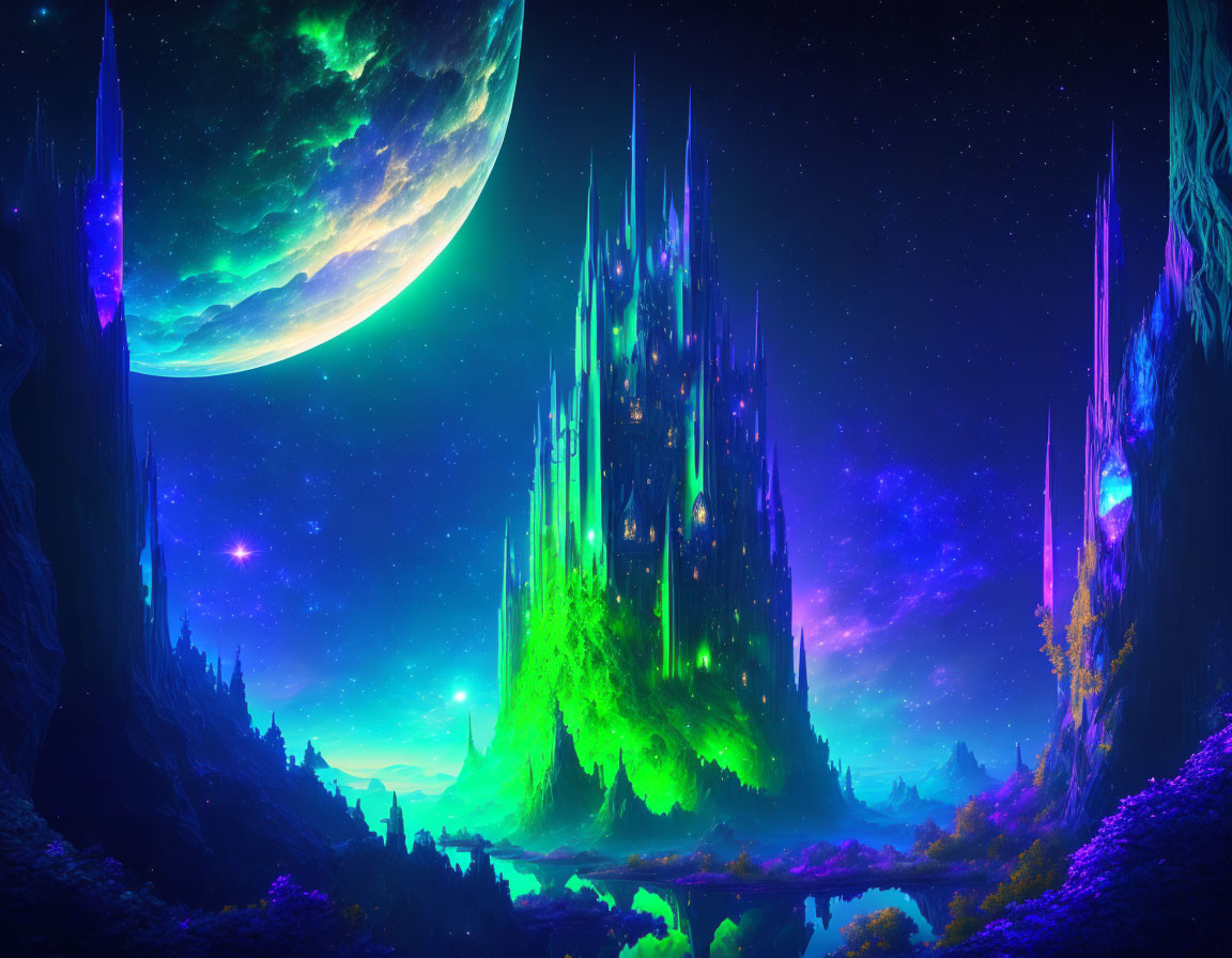 Majestic crystal castle in vibrant fantasy landscape