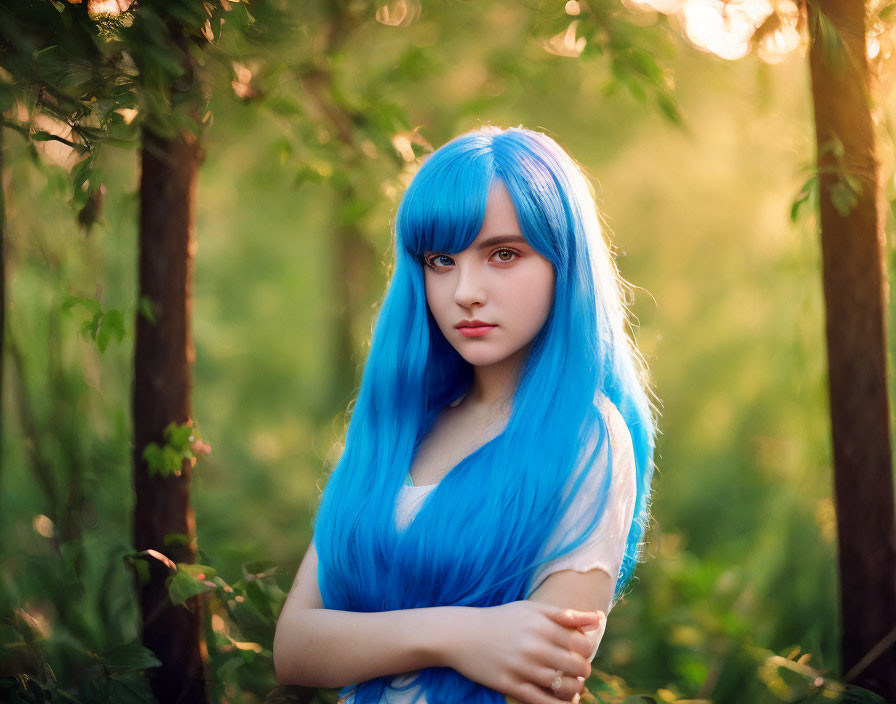 Striking Blue-Haired Woman in Forest Sunlight