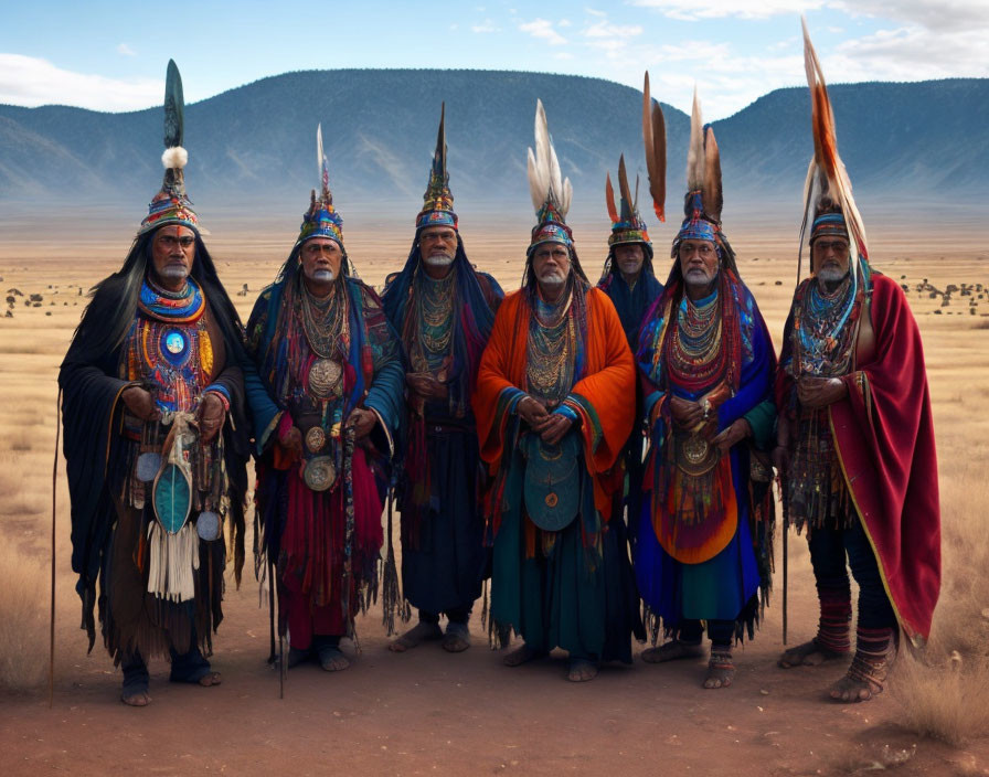 Seven people in Native American attire in desert landscape with mountains.