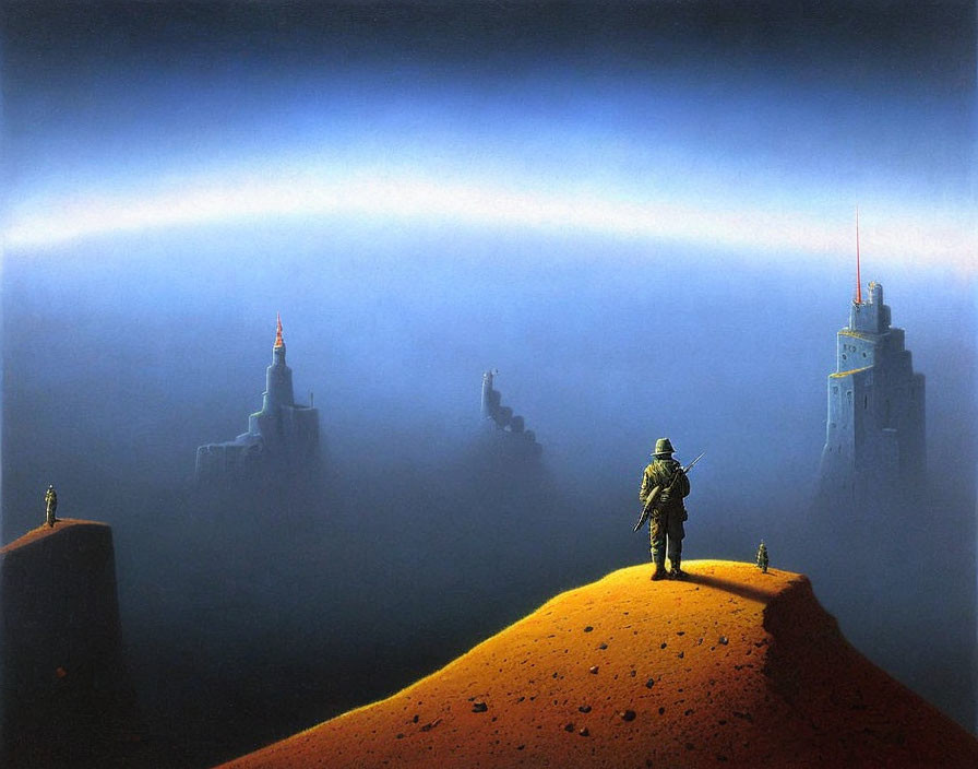 Solitary figure in spacesuit on dune with futuristic towers and Earth's curvature.