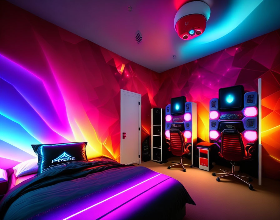 Modern Bedroom with Geometric Wall Lighting, Gaming Setup, and Purple Accents